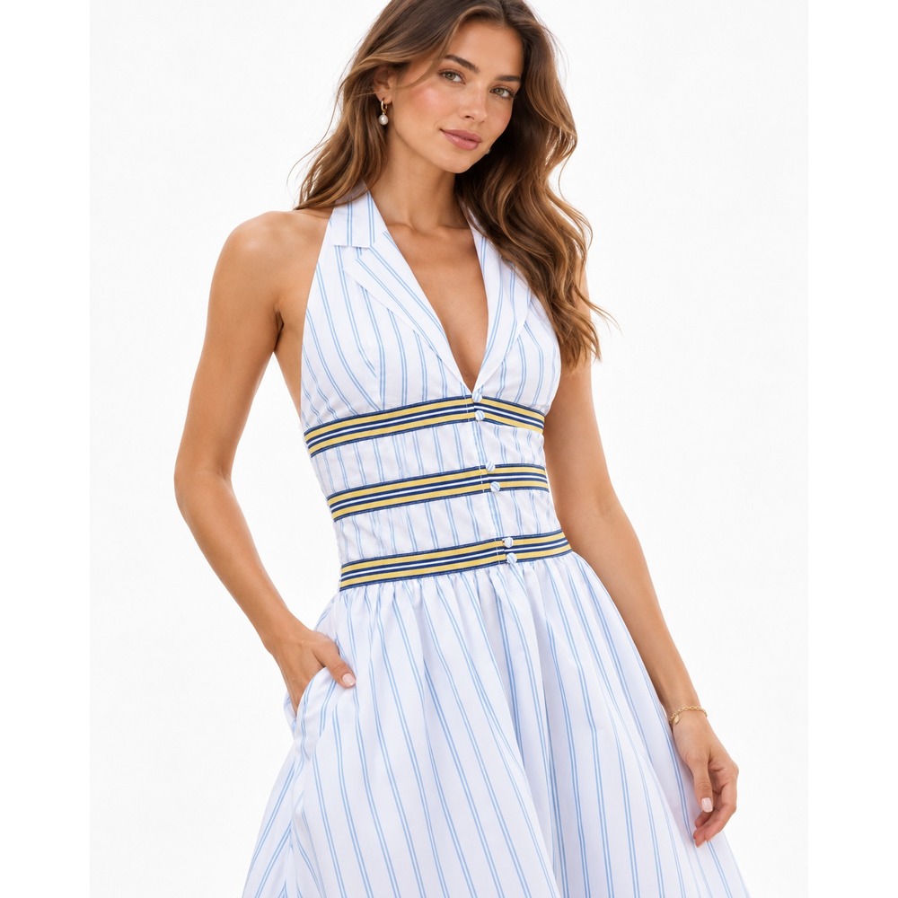 ANTHROPOLOGIE CELANDINE Women LARGE Mini Shirtdress Halter Cotton Striped Flare